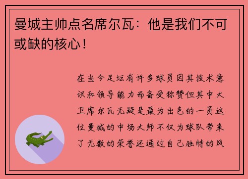 曼城主帅点名席尔瓦：他是我们不可或缺的核心！